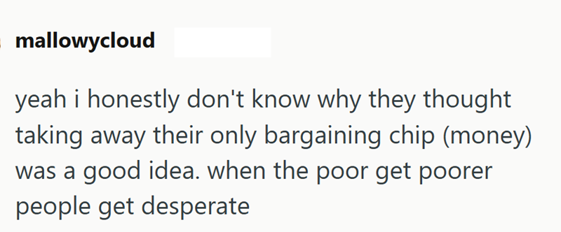 mallowycloud yeah i honestly don't know why they thought taking away their only bargaining chip (money) was a good idea. when the poor get poorer people get desperate