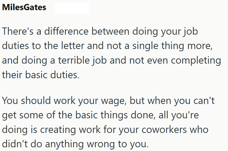 MilesGates There's a difference between doing your job duties to the letter and not a single thing more, and doing a terrible job and not even completing their basic duties. You should work your wage, but when you can't get some of the basic things done, all you're doing is creating work for your coworkers who didn't do anything wrong to you.