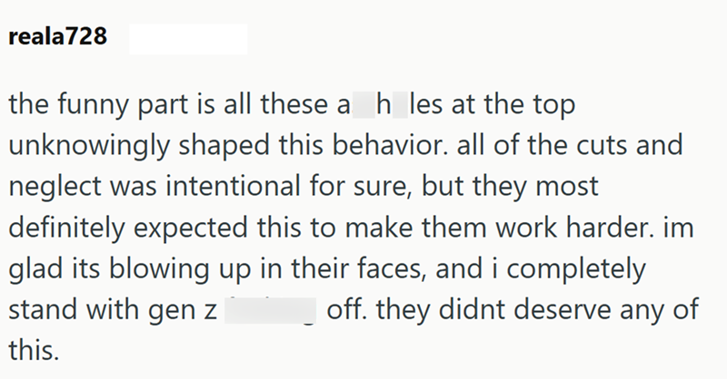 reala 728 the funny part is all these a h_les at the top unknowingly shaped this behavior. all of the cuts and neglect was intentional for sure, but they most definitely expected this to make them work harder. im glad its blowing up in their faces, and i completely stand with gen z off. they didnt deserve any of this.