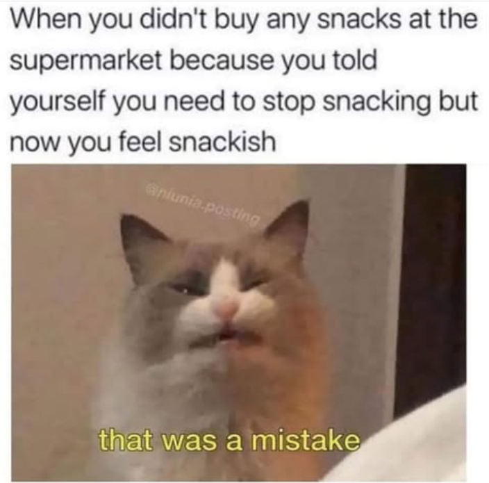 When you didn't buy any snacks at the supermarket because you told yourself you need to stop snacking but now you feel snackish Gniunia.posting that was a mistake