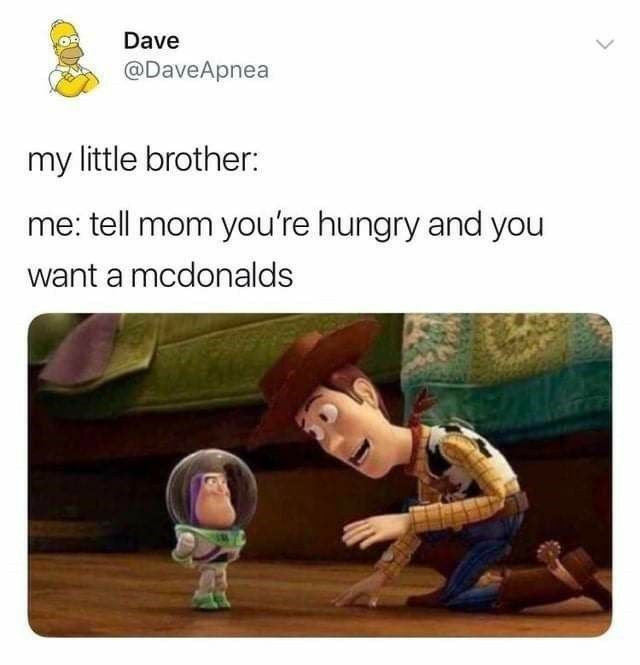 Dave @DaveApnea my little brother: me: tell mom you're hungry and you want a mcdonalds
