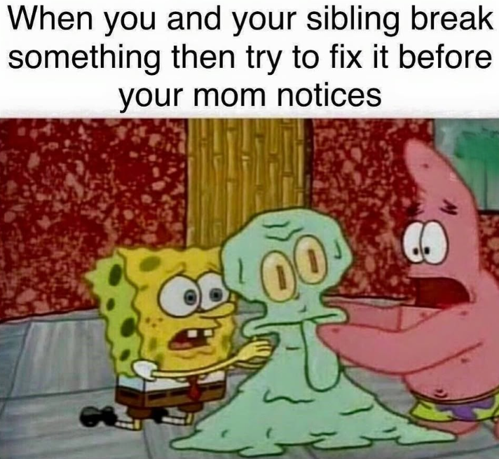When you and your sibling break something then try to fix it before your mom notices 00