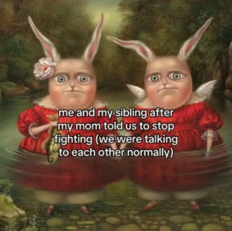 me and my sibling after my mom told us to stop fighting (we were talking to each other normally)