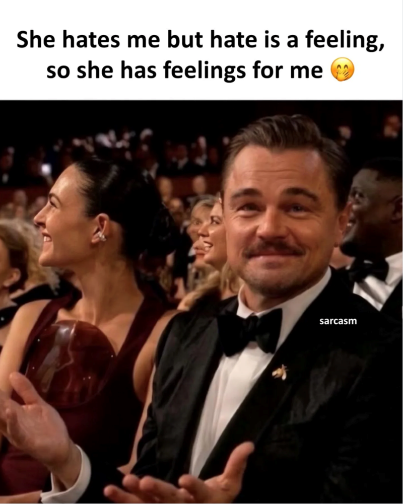 She hates me but hate is a feeling, so she has feelings for me sarcasm