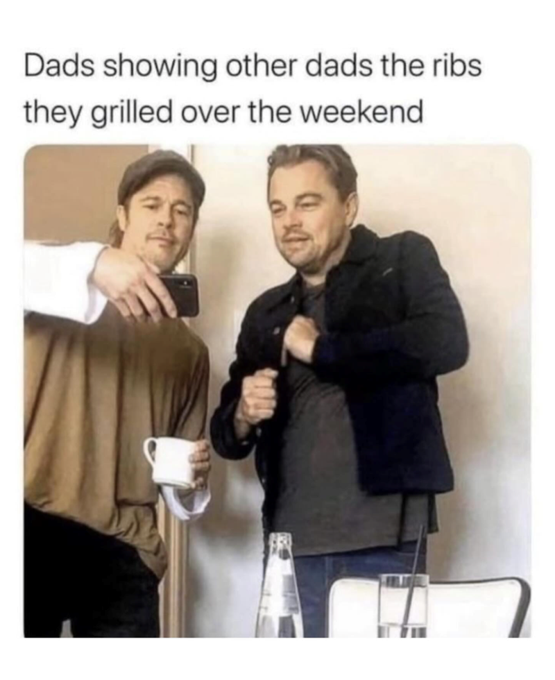Dads showing other dads the ribs they grilled over the weekend