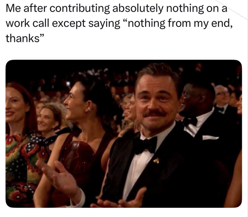 Me after contributing absolutely nothing on a work call except saying "nothing from my end, thanks"