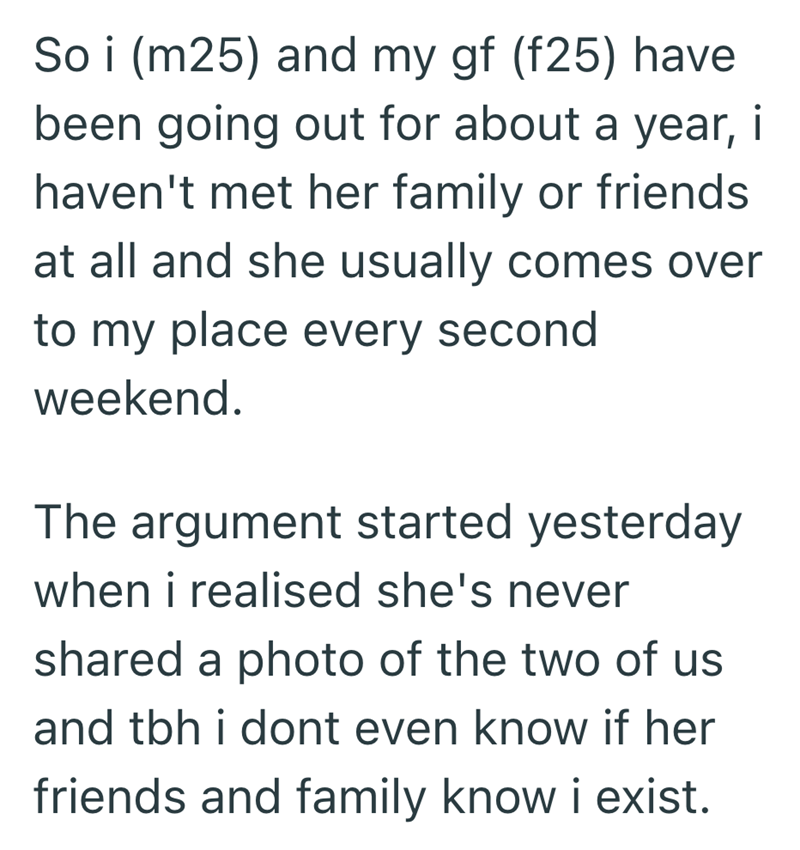 So i (m25) and my gf (f25) have been going out for about a year, i haven't met her family or friends at all and she usually comes over to my place every second weekend. The argument started yesterday when i realised she's never shared a photo of the two of us and tbh i dont even know if her friends and family know i exist.