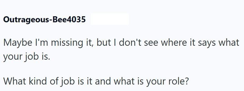 Outrageous-Bee4035 Maybe I'm missing it, but I don't see where it says what your job is. What kind of job is it and what is your role?