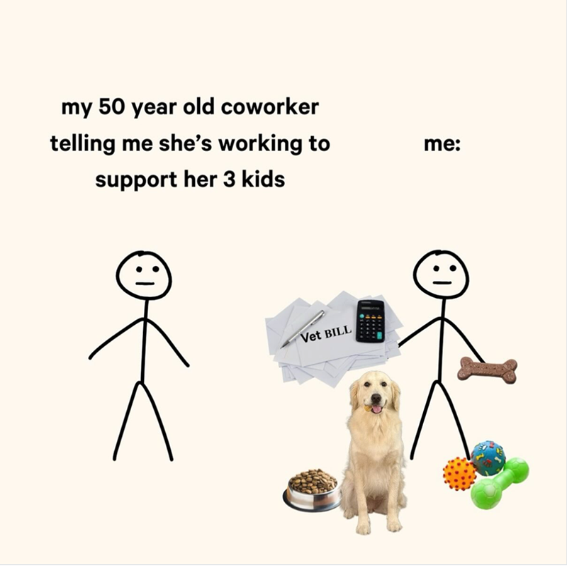 my 50 year old coworker telling me she's working to support her 3 kids > Vet BILL me: