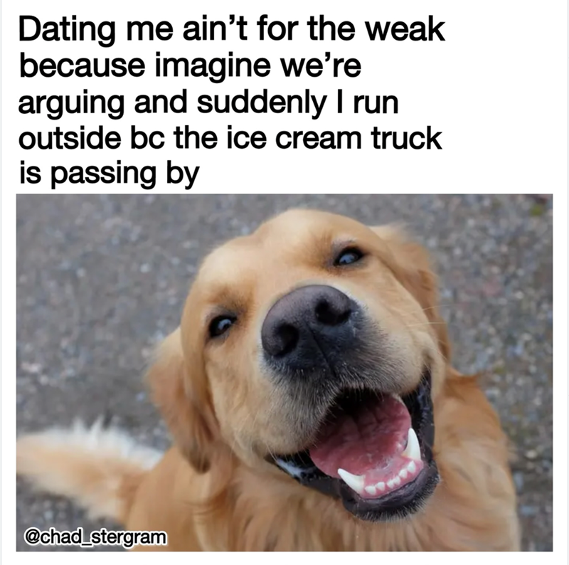 Dating me ain't for the weak because imagine we're arguing and suddenly I run outside bc the ice cream truck is passing by @chad_stergram