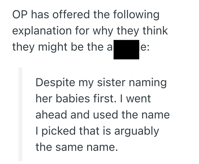 OP has offered the following explanation for why they think they might be the a e: Despite my sister naming her babies first. I went ahead and used the name I picked that is arguably the same name.