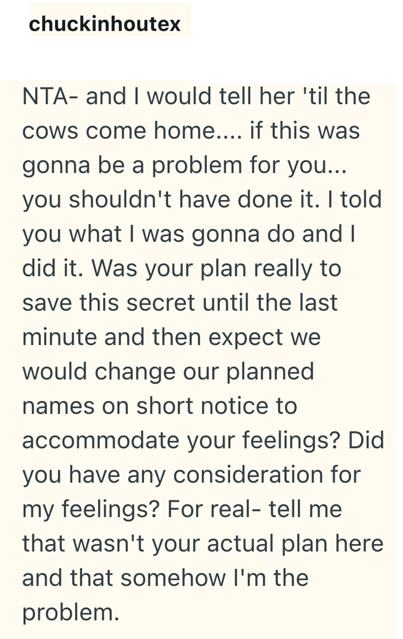 chuckinhoutex NTA- and I would tell her 'til the cows come home.... if this was gonna be a problem for you... you shouldn't have done it. I told you what I was gonna do and I did it. Was your plan really to save this secret until the last minute and then expect we would change our planned names on short notice to accommodate your feelings? Did you have any consideration for my feelings? For real- tell me that wasn't your actual plan here and that somehow I'm the problem.