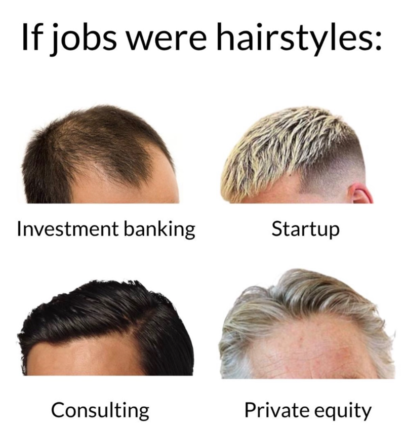 If jobs were hairstyles: Investment banking Startup Consulting Private equity