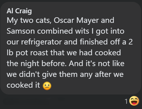 Al Craig My two cats, Oscar Mayer and Samson combined wits I got into our refrigerator and finished off a 2 lb pot roast that we had cooked the night before. And it's not like we didn't give them any after we cooked it → ED