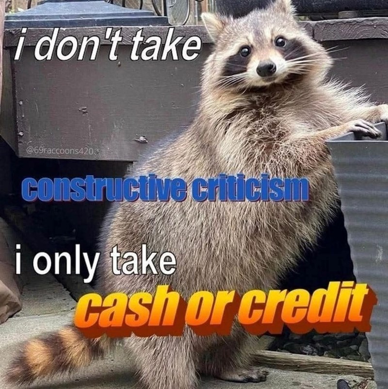 i don't take @69raccoons420. constructive criticism i only take cash or credit