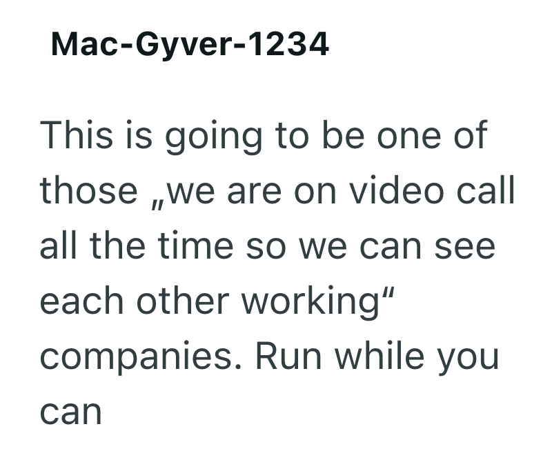 Mac-Gyver-1234 This is going to be one of those,,we are on video call all the time so we can see each other working" companies. Run while you can