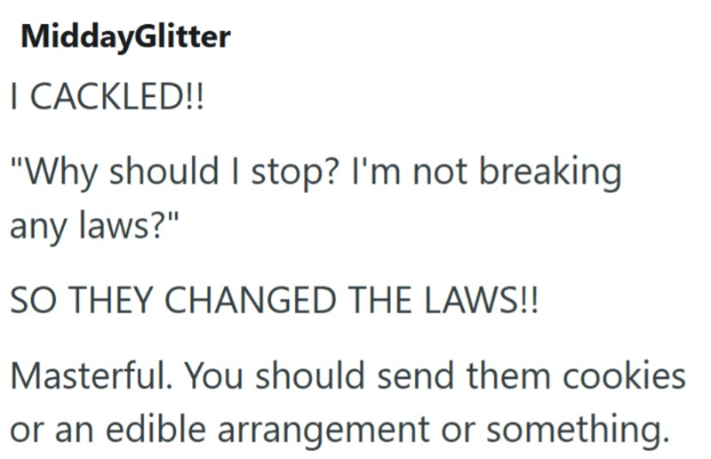 MiddayGlitter I CACKLED!! "Why should I stop? I'm not breaking any laws?" SO THEY CHANGED THE LAWS!! Masterful. You should send them cookies or an edible arrangement or something.