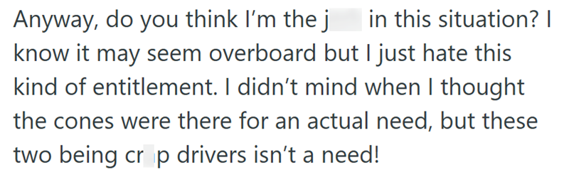 in this situation? I Anyway, do you think I'm the j know it may seem overboard but I just hate this kind of entitlement. I didn't mind when I thought the cones were there for an actual need, but these two being crp drivers isn't a need!