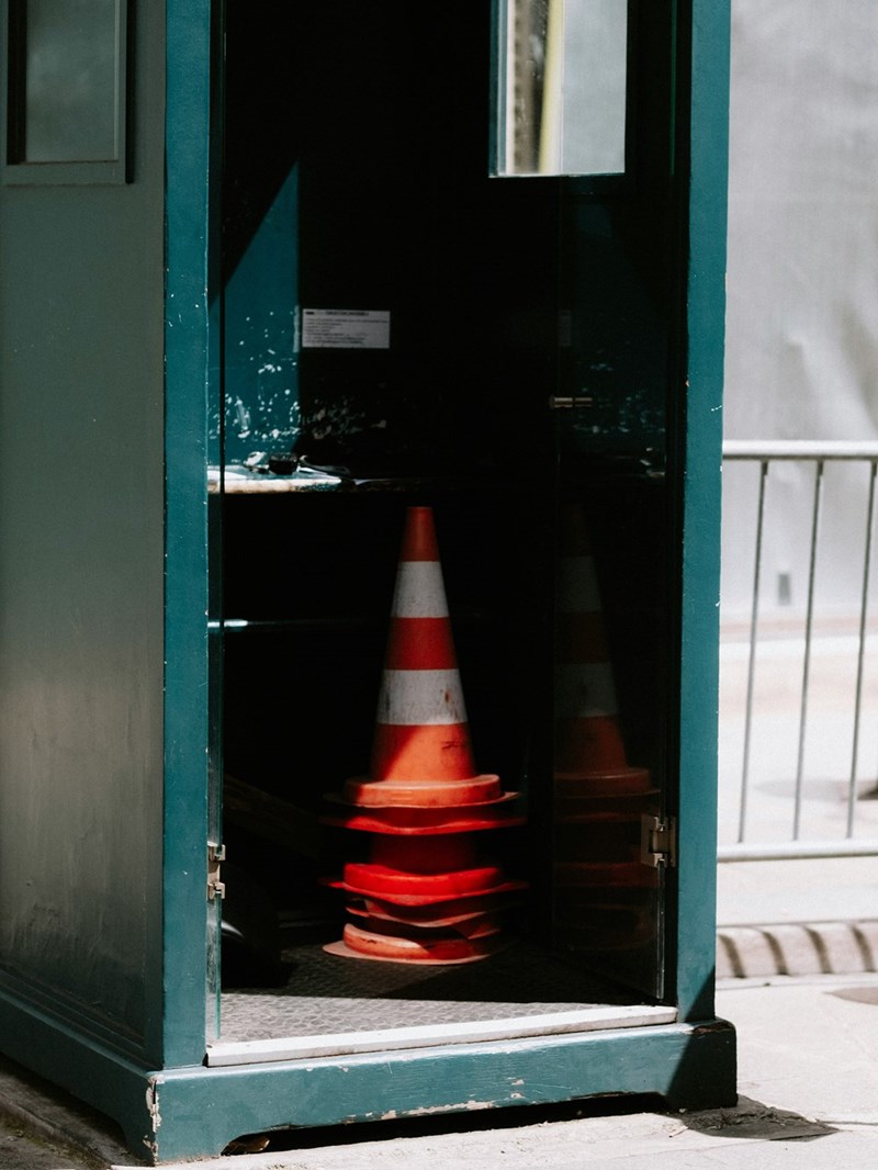 Parking cones piled up, secretly stored to return to the council.