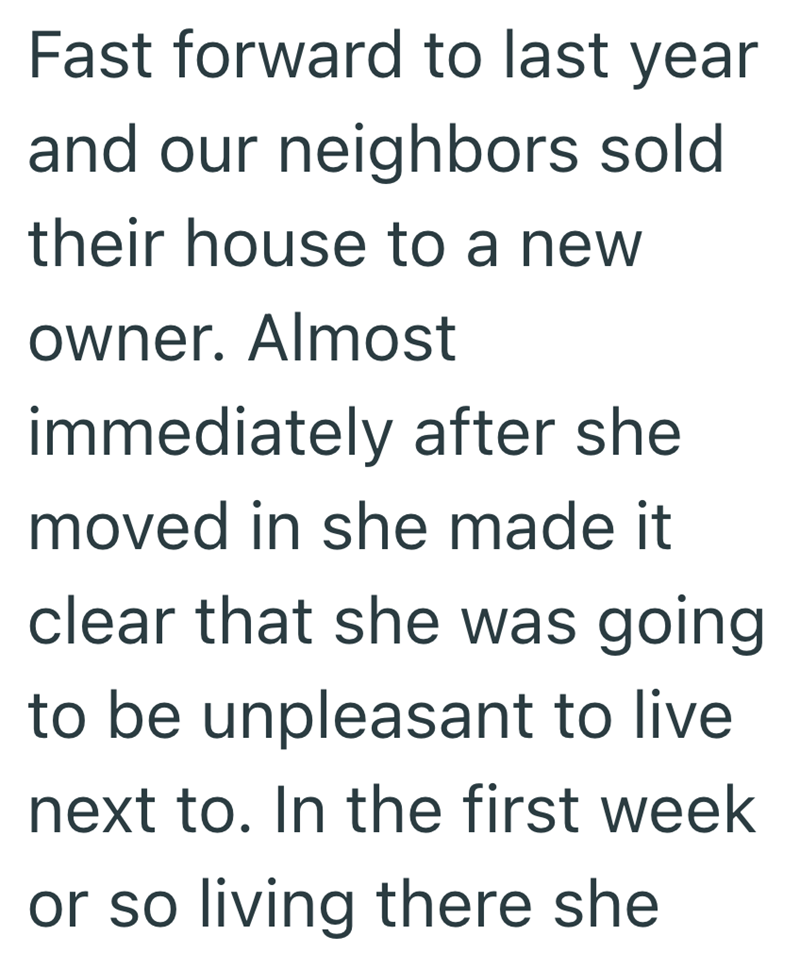 Fast forward to last year and our neighbors sold their house to a new owner. Almost immediately after she moved in she made it clear that she was going to be unpleasant to live. next to. In the first week or so living there she