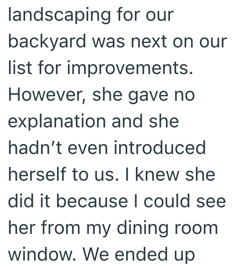 landscaping for our backyard was next on our list for improvements. However, she gave no explanation and she hadn't even introduced herself to us. I knew she did it because I could see her from my dining room window. We ended up