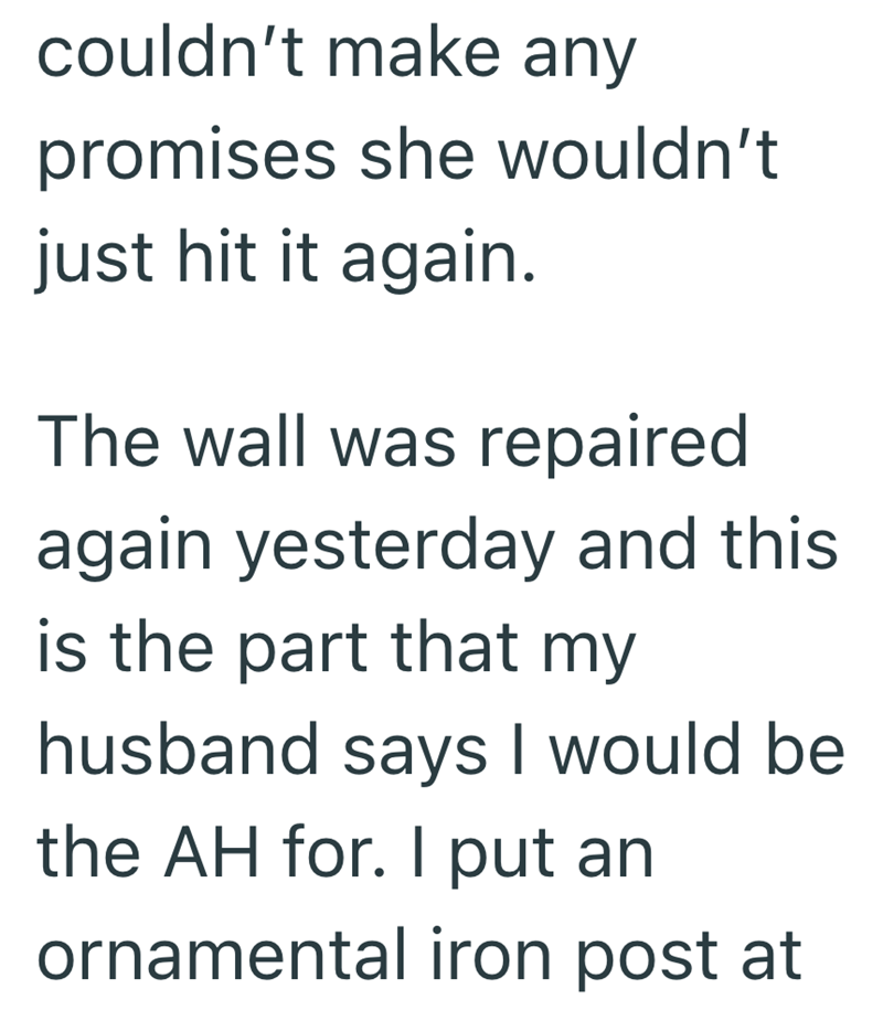 couldn't make any promises she wouldn't just hit it again. The wall was repaired. again yesterday and this is the part that my husband says I would be the AH for. I put an ornamental iron post at