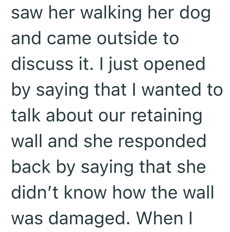 saw her walking her dog and came outside to discuss it. I just opened by saying that I wanted to talk about our retaining wall and she responded back by saying that she didn't know how the wall was damaged. When I