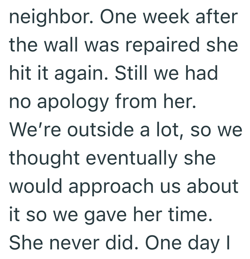 neighbor. One week after the wall was repaired she hit it again. Still we had no apology from her. We're outside a lot, so we thought eventually she would approach us about it so we gave her time. She never did. One day I