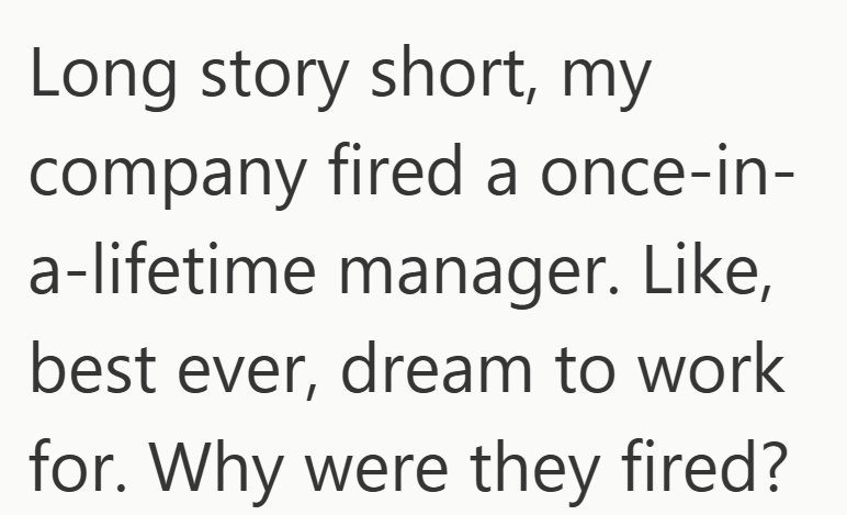 Long story short, my company fired a once-in- a-lifetime manager. Like, best ever, dream to work for. Why were they fired?