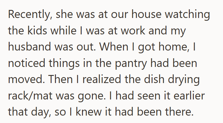 Recently, she was at our house watching the kids while I was at work and my husband was out. When I got home, I noticed things in the pantry had been moved. Then I realized the dish drying rack/mat was gone. I had seen it earlier that day, so I knew it had been there.