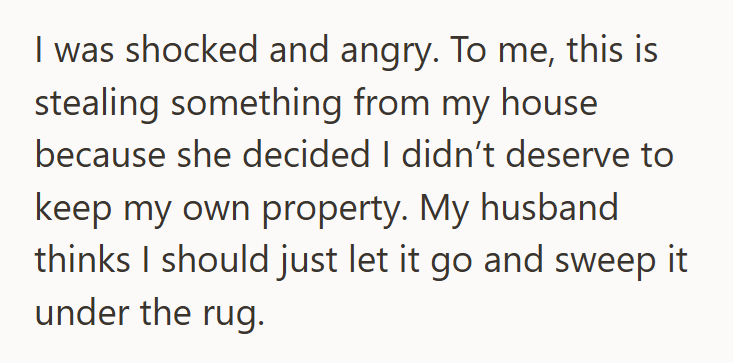 I was shocked and angry. To me, this is stealing something from my house because she decided I didn't deserve to keep my own property. My husband thinks I should just let it go and sweep it under the rug.