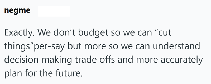 negme Exactly. We don't budget so we can "cut things" per-say but more so we can understand decision making trade offs and more accurately plan for the future.