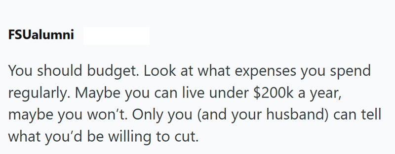 FSUalumni You should budget. Look at what expenses you spend regularly. Maybe you can live under $200k a year, maybe you won't. Only you (and your husband) can tell what you'd be willing to cut.