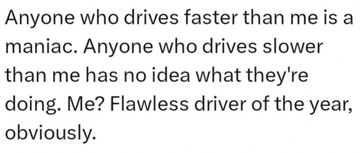 Anyone who drives faster than me is a maniac. Anyone who drives slower than me has no idea what they're doing. Me? Flawless driver of the year, obviously.