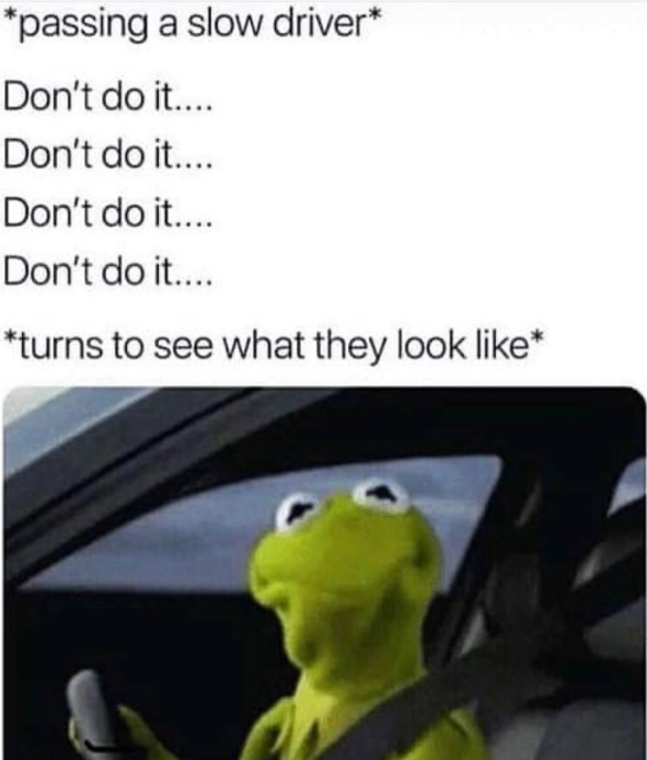*passing a slow driver* Don't do it.... Don't do it.... Don't do it.... Don't do it.... *turns to see what they look like*