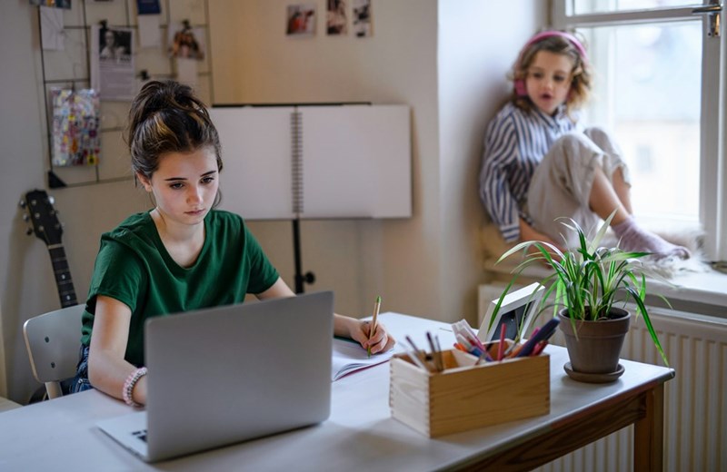 Teenager schoolgirl learning online at home with her sister