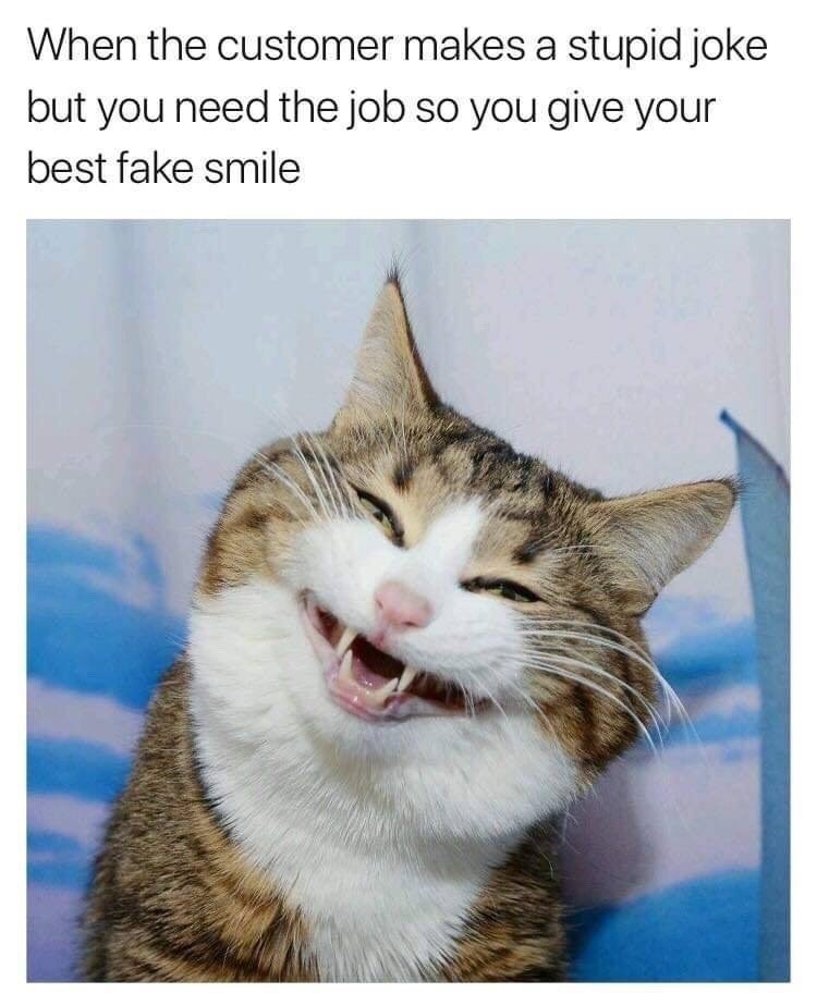 When the customer makes a stupid joke but you need the job so you give your best fake smile