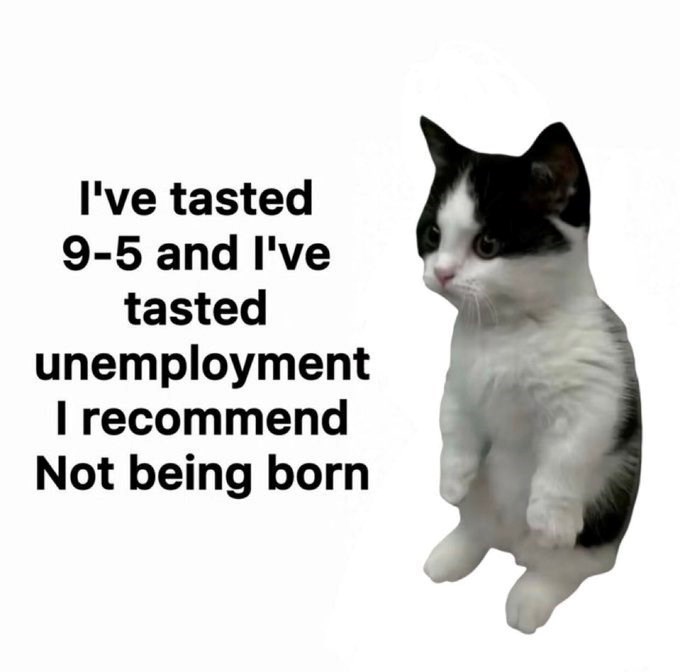 I've tasted 9-5 and I've tasted unemployment I recommend Not being born