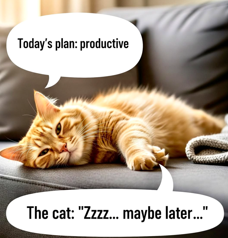 Today's plan: productive The cat: "Zzzz... maybe later….."