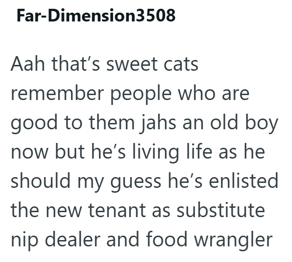 Far-Dimension3508 Aah that's sweet cats remember people who are good to them jahs an old boy now but he's living life as he should my guess he's enlisted the new tenant as substitute nip dealer and food wrangler