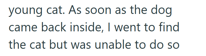 young cat. As soon as the dog came back inside, I went to find the cat but was unable to do so