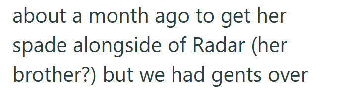 about a month ago to get her spade alongside of Radar (her brother?) but we had gents over