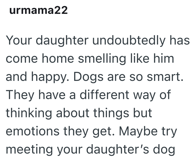 urmama22 Your daughter undoubtedly has come home smelling like him and happy. Dogs are so smart. They have a different way of thinking about things but emotions they get. Maybe try meeting your daughter's dog