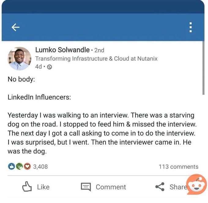 No body: Lumko Solwandle. 2nd Transforming Infrastructure & Cloud at Nutanix 4d. LinkedIn Influencers: Yesterday I was walking to an interview. There was a starving dog on the road. I stopped to feed him & missed the interview. The next day I got a call asking to come in to do the interview. I was surprised, but I went. Then the interviewer came in. He was the dog. 3,408 113 comments Like Comment Share