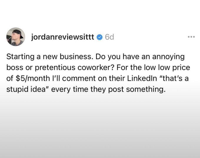 jordanreviewsittt 6d Starting a new business. Do you have an annoying boss or pretentious coworker? For the low low price of $5/month I'll comment on their LinkedIn "that's a stupid idea" every time they post something.