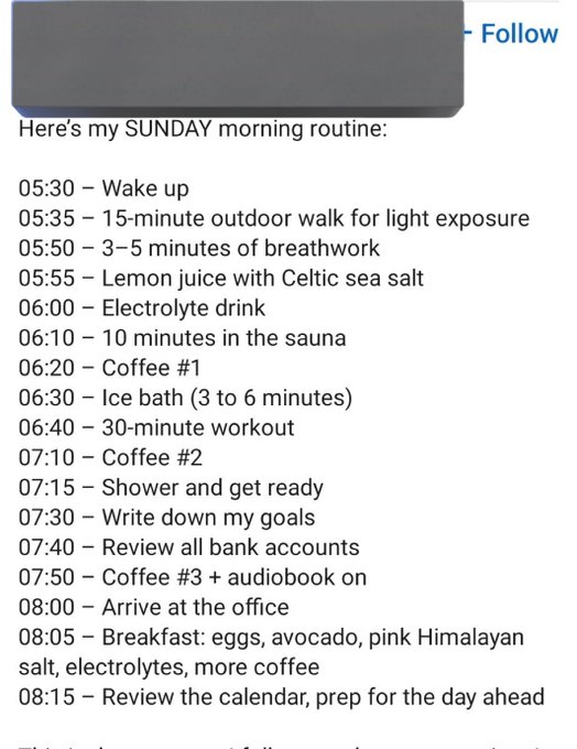 - Follow Here's my SUNDAY morning routine: 05:30 Wake up 05:35 15-minute outdoor walk for light exposure 05:50 3-5 minutes of breathwork - 05:55 Lemon juice with Celtic sea salt 06:00 Electrolyte drink 06:10 - 10 minutes in the sauna 06:20 Coffee #1 06:30 Ice bath (3 to 6 minutes) - 30-minute workout 06:40 07:10 Coffee #2 07:15 Shower and get ready 07:30 Write down my goals 07:40 - Review all bank accounts 07:50 Coffee #3 + audiobook on 08:00 Arrive at the office - 08:05 Breakfast: eggs, avocado