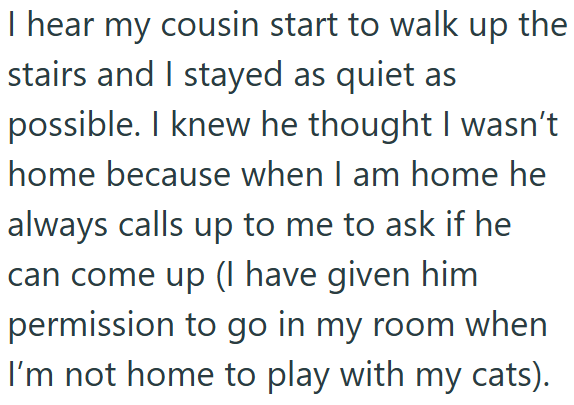 I hear my cousin start to walk up the stairs and I stayed as quiet as possible. I knew he thought I wasn't home because when I am home he always calls up to me to ask if he can come up (I have given him permission to go in my room when I'm not home to play with my cats).