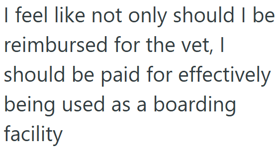 I feel like not only should I be reimbursed for the vet, I should be paid for effectively being used as a boarding facility