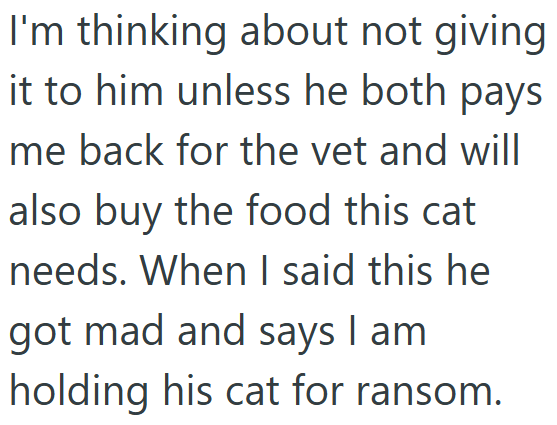 I'm thinking about not giving it to him unless he both pays me back for the vet and will also buy the food this cat needs. When I said this he got mad and says I am. holding his cat for ransom.