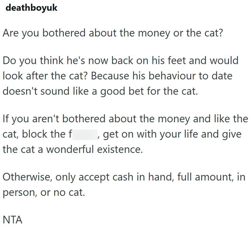 deathboyuk Are you bothered about the money or the cat? Do you think he's now back on his feet and would look after the cat? Because his behaviour to date doesn't sound like a good bet for the cat. If you aren't bothered about the money and like the cat, block the f get on with your life and give the cat a wonderful existence. Otherwise, only accept cash in hand, full amount, in person, or no cat. NTA